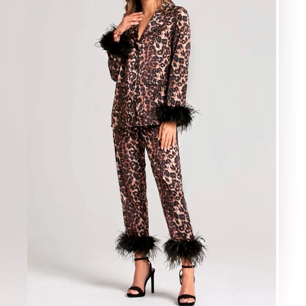Luxurious Leopard print Pajama co-ord with feather trim